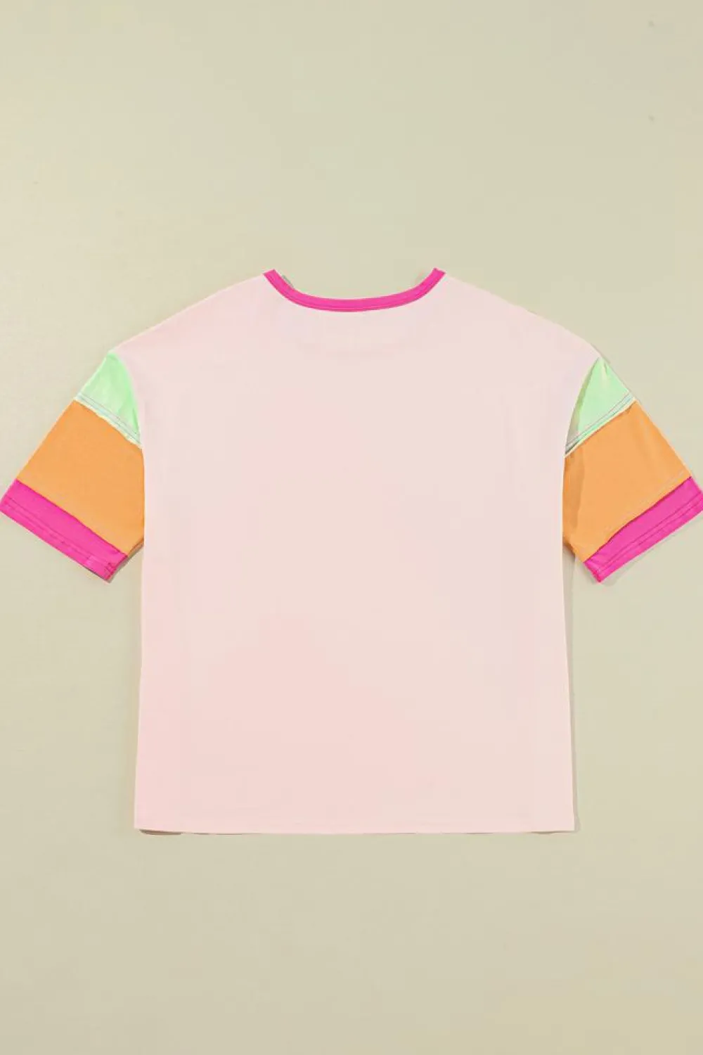 Online Dear-Lover Color Block Stitching Sleeve Round Neck Oversize Top Pink