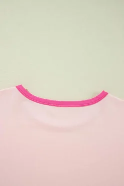 Online Dear-Lover Color Block Stitching Sleeve Round Neck Oversize Top Pink