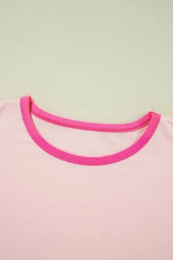 Online Dear-Lover Color Block Stitching Sleeve Round Neck Oversize Top Pink