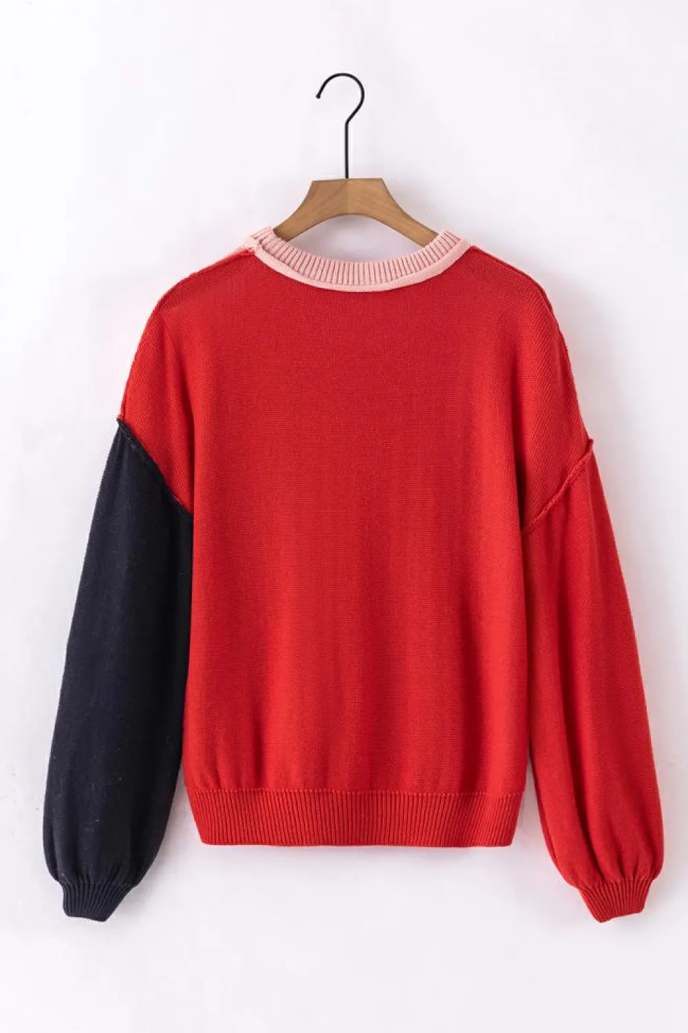 New Dear-Lover Colorblock Bishop Sleeve Ribbed Trim Sweater Pink