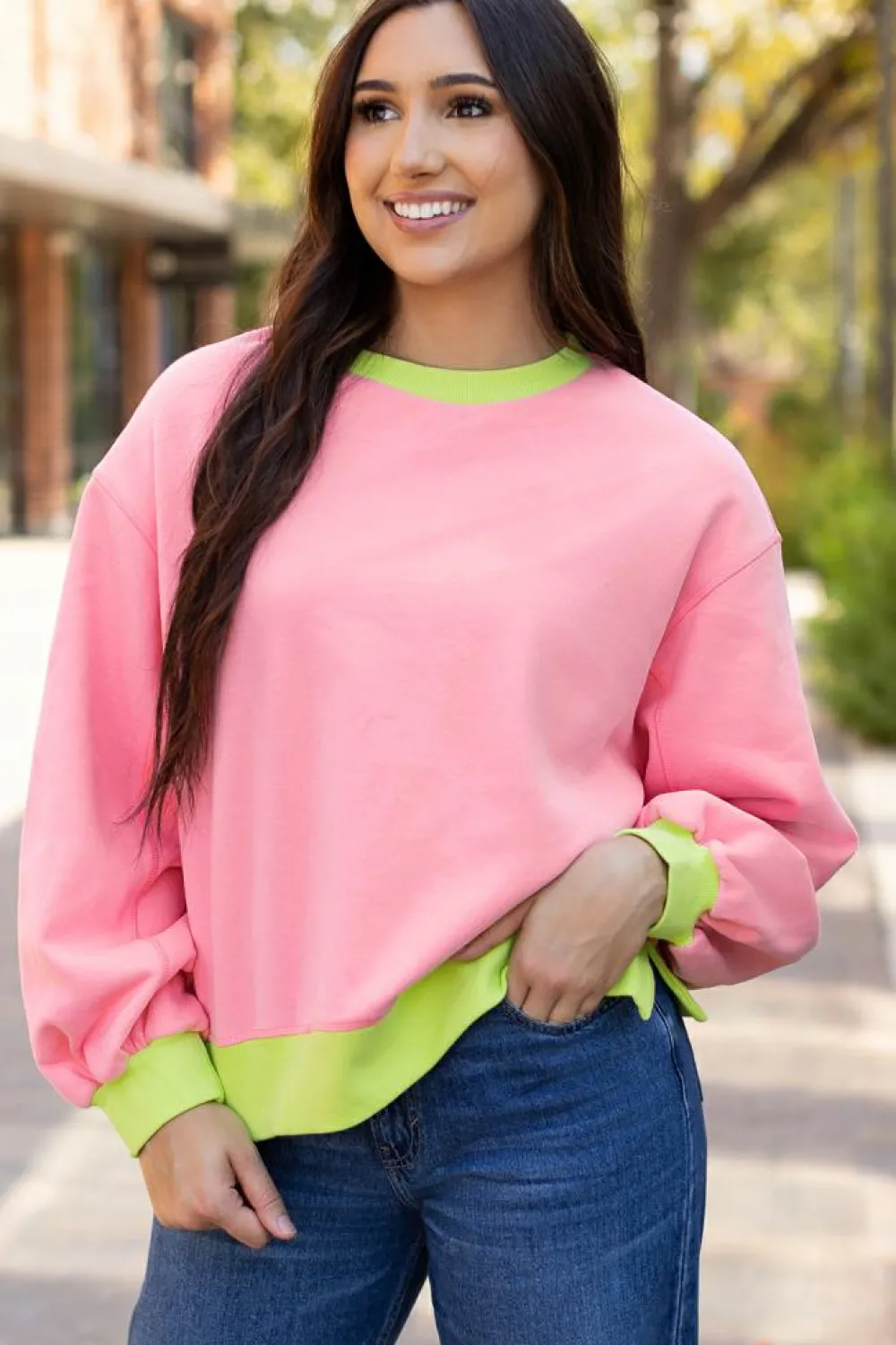 Discount Dear-Lover Colorblock Bubble Sleeve Sweatshirt Pink