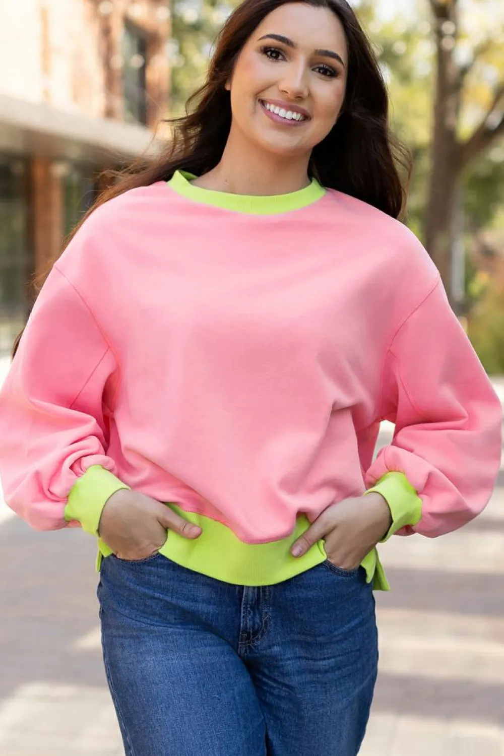 Discount Dear-Lover Colorblock Bubble Sleeve Sweatshirt Pink