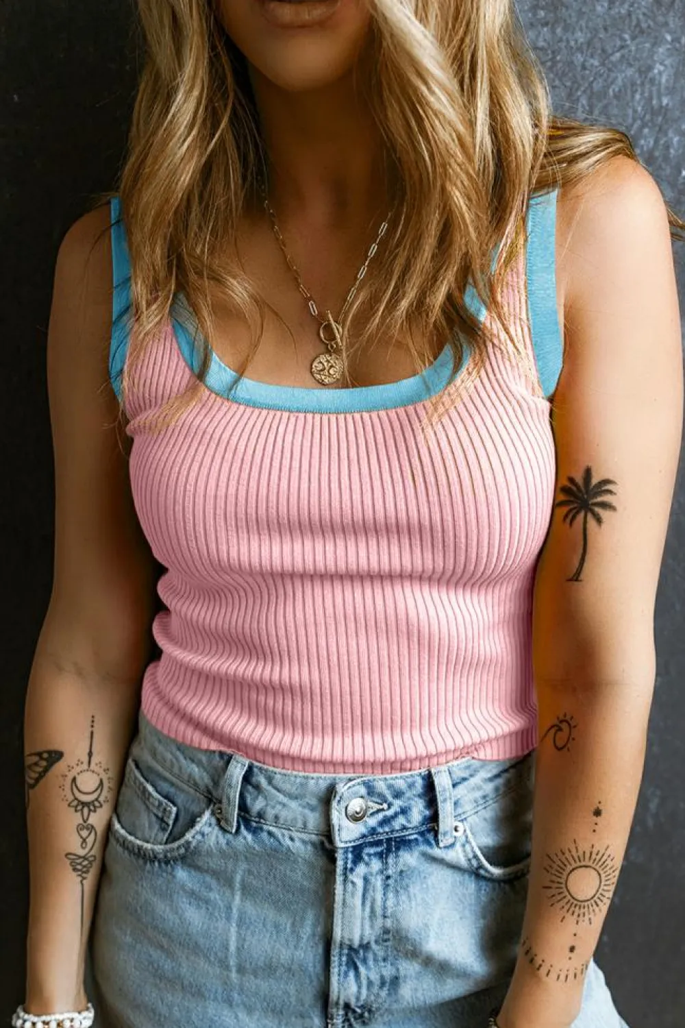 Hot Dear-Lover Colorblock Edge Ribbed Knit U Neck Tank Top Pink