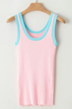 Hot Dear-Lover Colorblock Edge Ribbed Knit U Neck Tank Top Pink