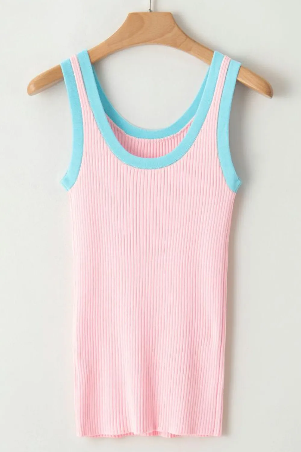 Hot Dear-Lover Colorblock Edge Ribbed Knit U Neck Tank Top Pink