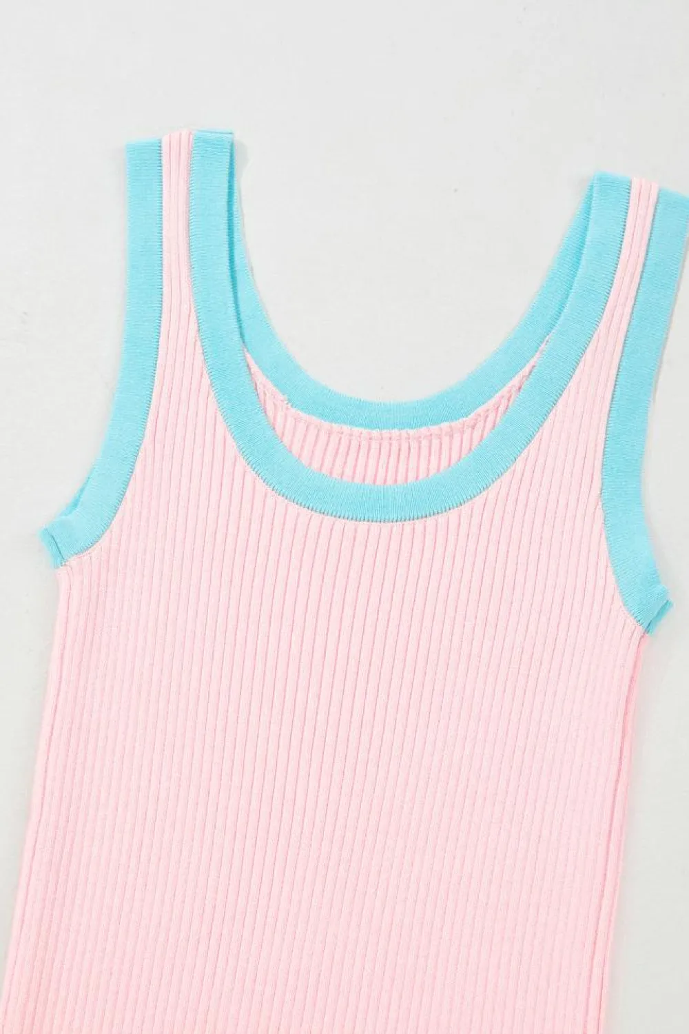 Hot Dear-Lover Colorblock Edge Ribbed Knit U Neck Tank Top Pink