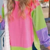 New Dear-Lover Colorblock Exposed Seam Crewneck Casual Sweatshirt Pink