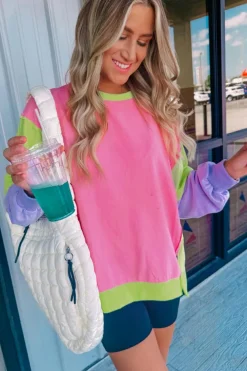 New Dear-Lover Colorblock Exposed Seam Crewneck Casual Sweatshirt Pink