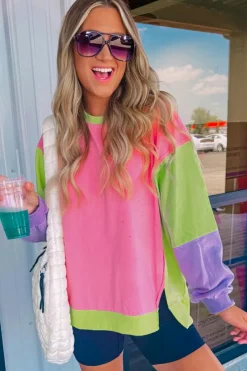 New Dear-Lover Colorblock Exposed Seam Crewneck Casual Sweatshirt Pink