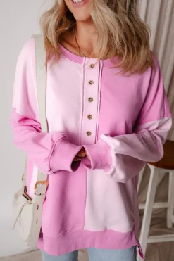 Sale Dear-Lover Colorblock Henley High Low Oversize Sweatshirt Pink