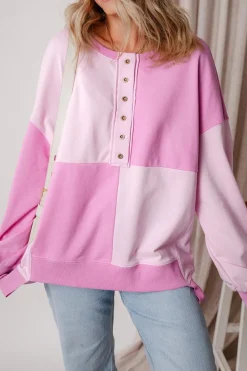 Sale Dear-Lover Colorblock Henley High Low Oversize Sweatshirt Pink