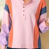 Fashion Dear-Lover Colorblock Long Sleeve Buttons Henley Top Pink