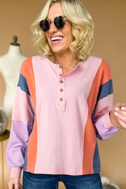 Fashion Dear-Lover Colorblock Long Sleeve Buttons Henley Top Pink