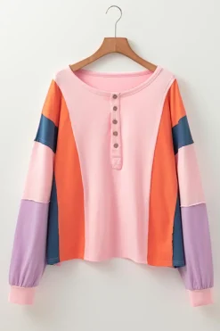 Fashion Dear-Lover Colorblock Long Sleeve Buttons Henley Top Pink