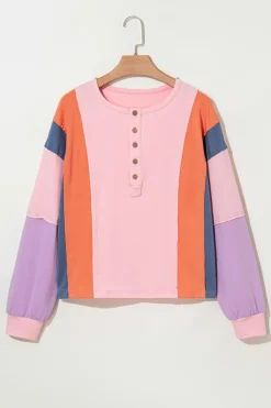 Fashion Dear-Lover Colorblock Long Sleeve Buttons Henley Top Pink