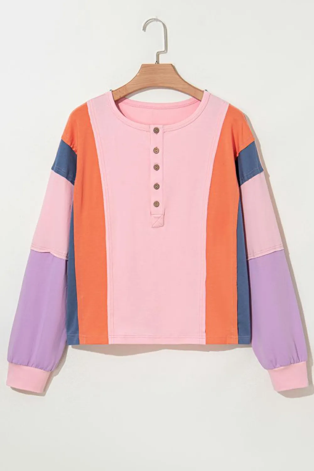 Fashion Dear-Lover Colorblock Long Sleeve Buttons Henley Top Pink