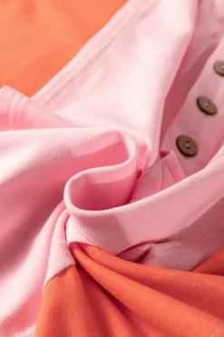 Fashion Dear-Lover Colorblock Long Sleeve Buttons Henley Top Pink