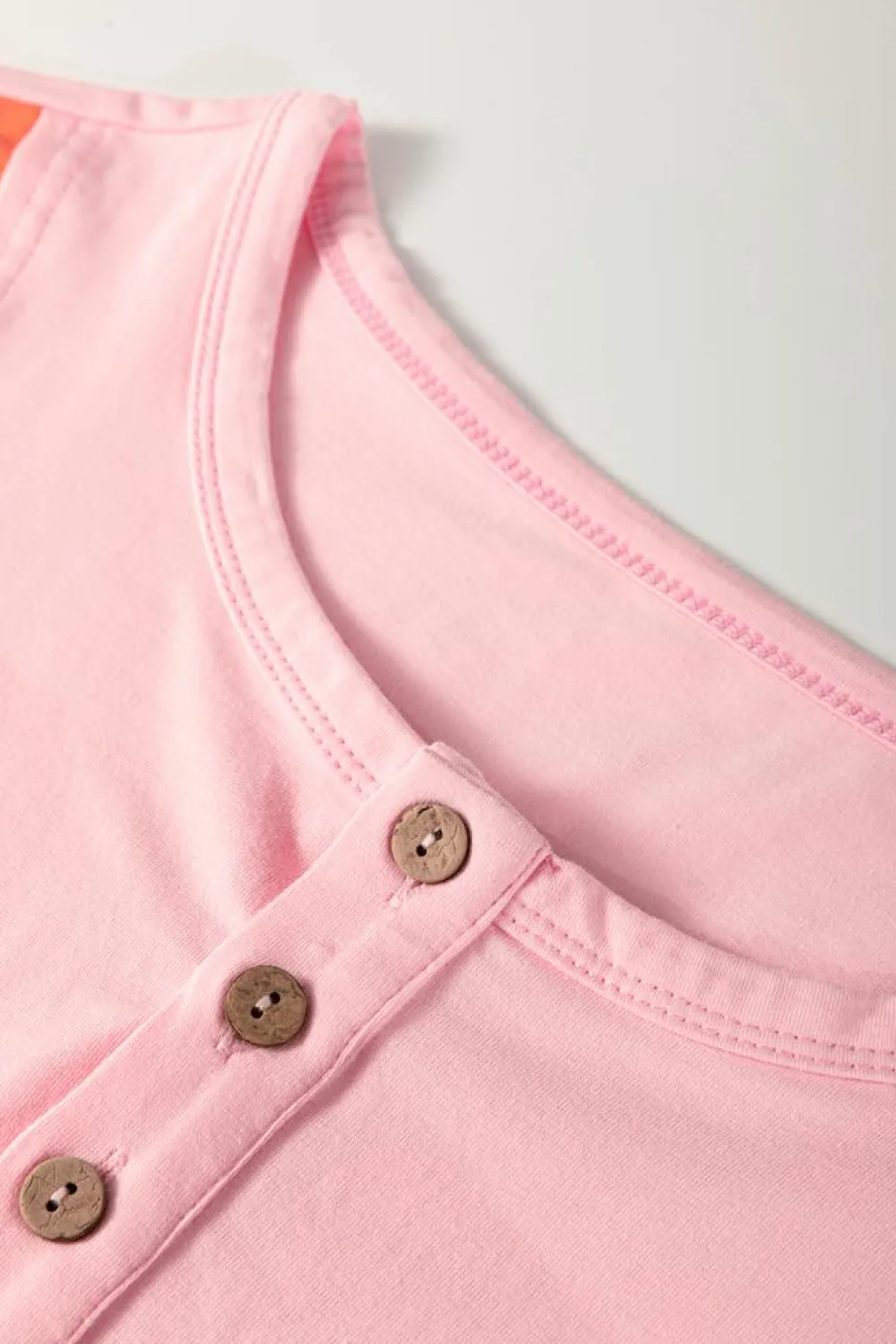 Fashion Dear-Lover Colorblock Long Sleeve Buttons Henley Top Pink