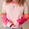 Sale Dear-Lover Colorblock Patchwork Long Sleeve Loose Top Pink