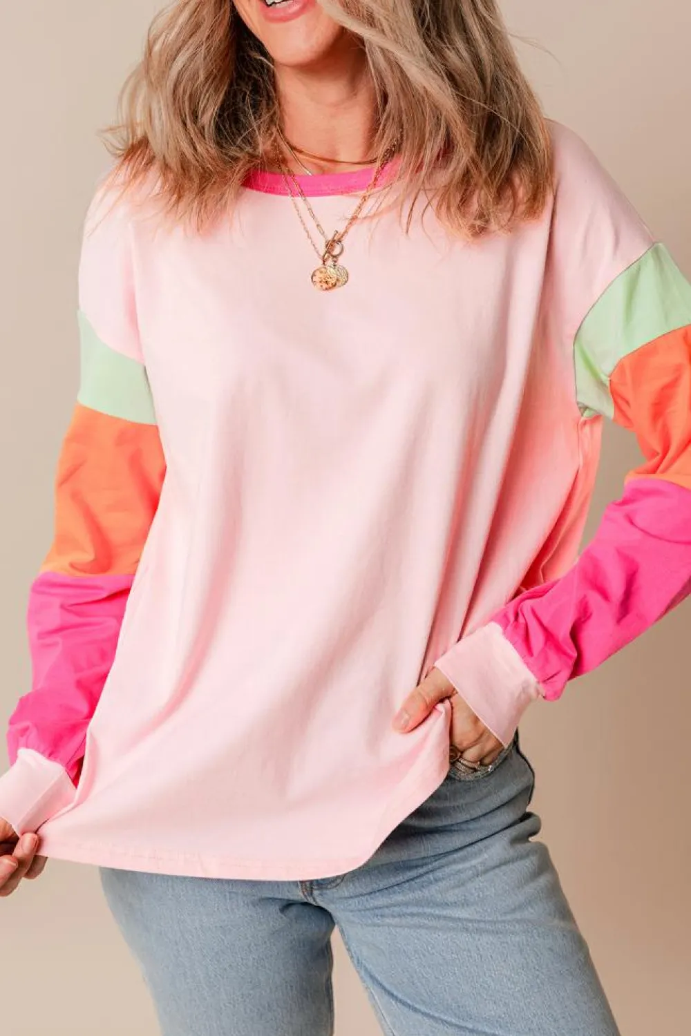 Sale Dear-Lover Colorblock Patchwork Long Sleeve Loose Top Pink