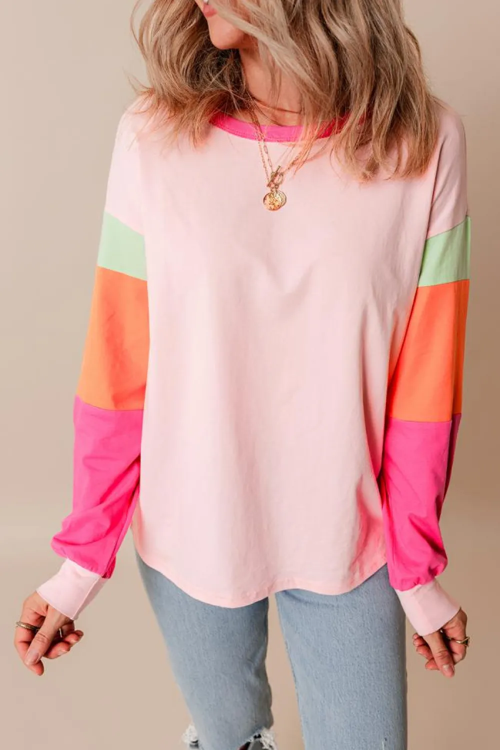 Sale Dear-Lover Colorblock Patchwork Long Sleeve Loose Top Pink