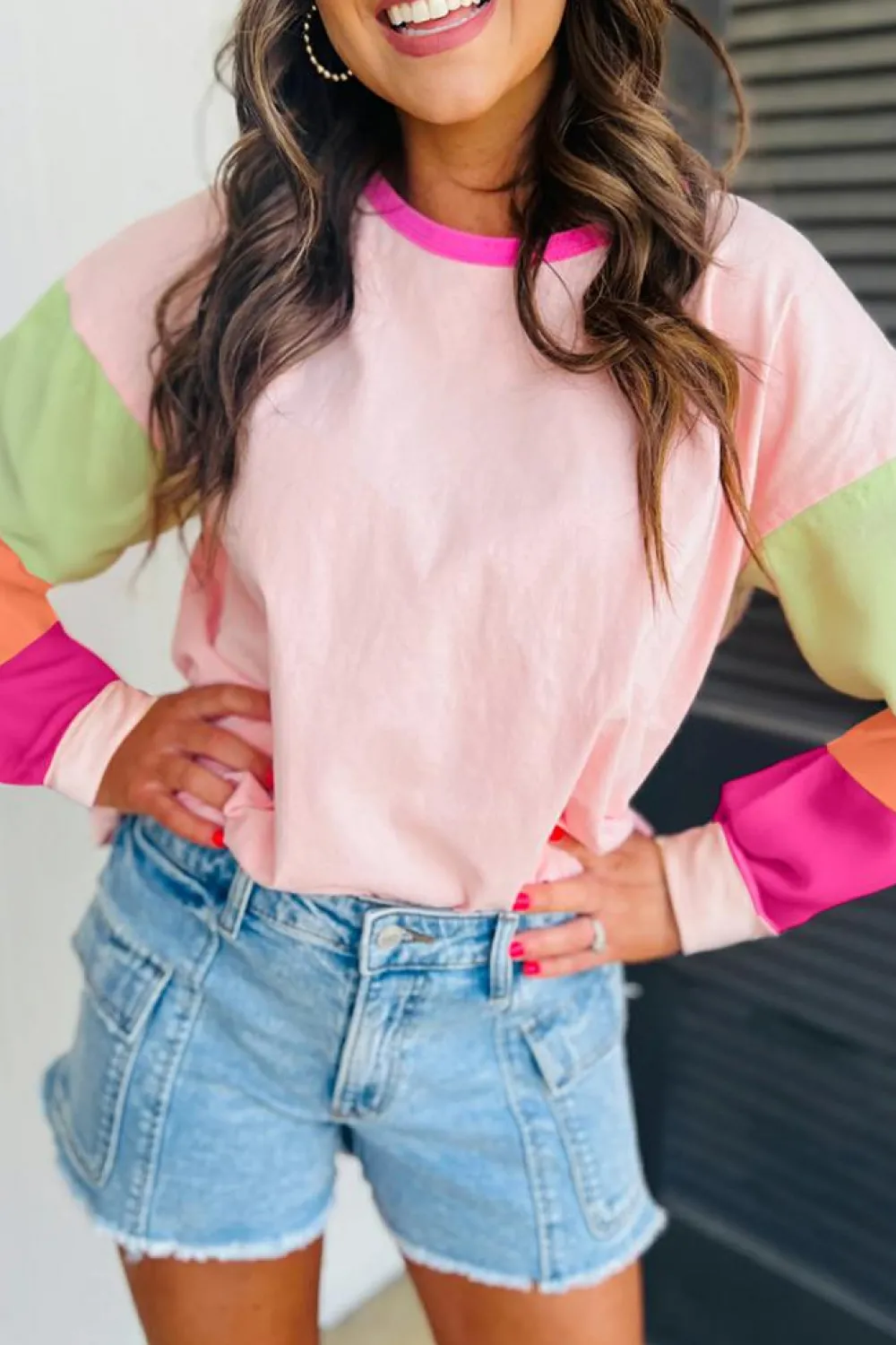 Sale Dear-Lover Colorblock Patchwork Long Sleeve Loose Top Pink