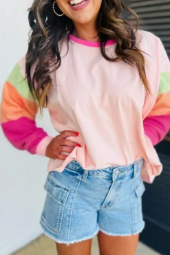 Sale Dear-Lover Colorblock Patchwork Long Sleeve Loose Top Pink