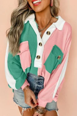 Sale Dear-Lover Colorblock Ribbed Collared Oversized Sweatshirt Pink