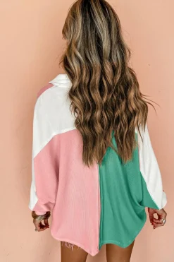 Sale Dear-Lover Colorblock Ribbed Collared Oversized Sweatshirt Pink