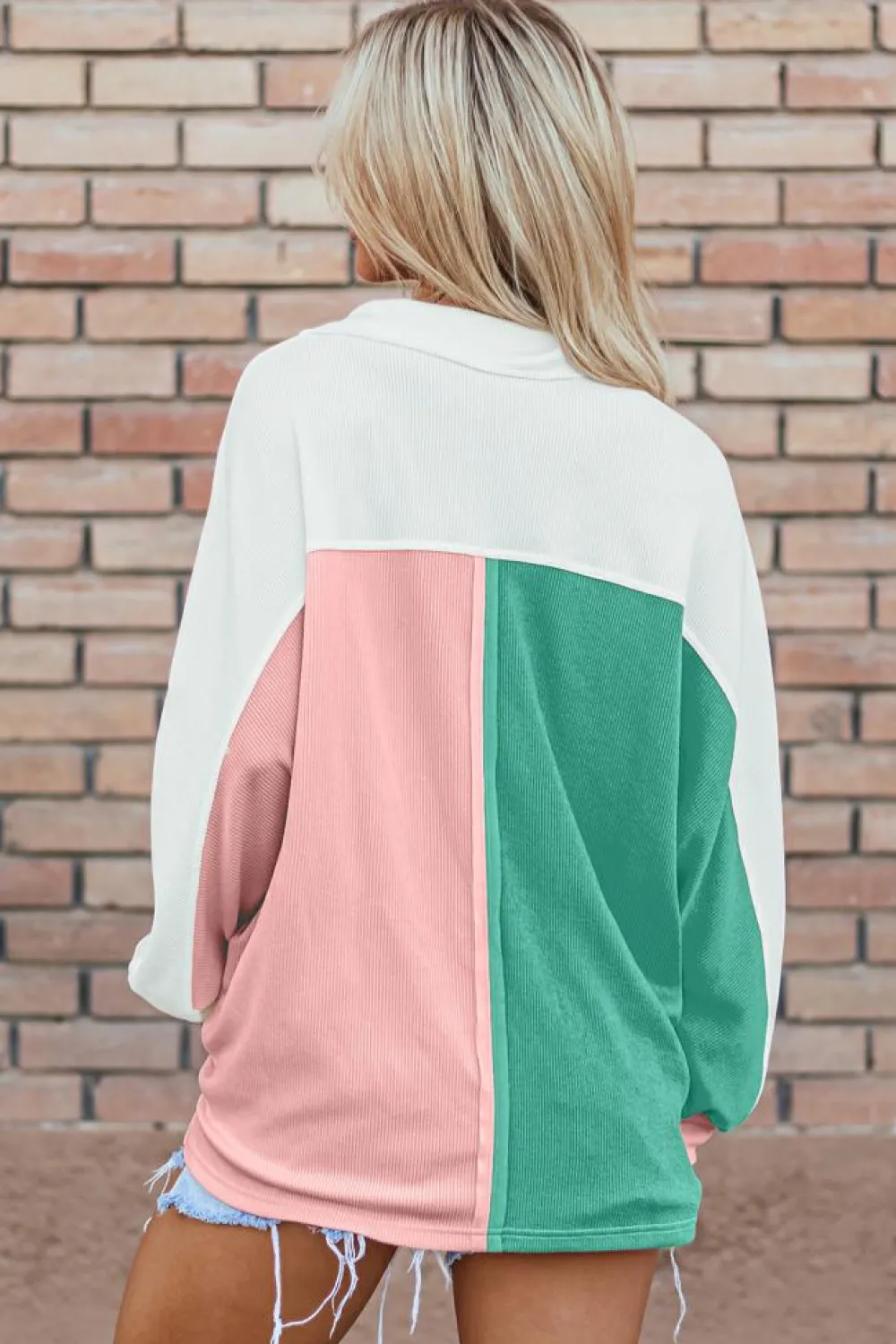 Sale Dear-Lover Colorblock Ribbed Collared Oversized Sweatshirt Pink