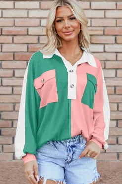 Sale Dear-Lover Colorblock Ribbed Collared Oversized Sweatshirt Pink