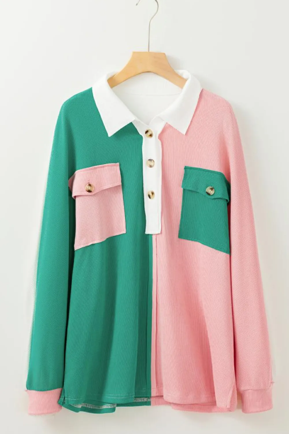 Sale Dear-Lover Colorblock Ribbed Collared Oversized Sweatshirt Pink
