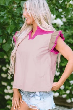 Sale Dear-Lover Colorblock Ruffled Sleeve Frill V Neck Blouse Pink