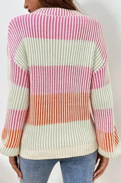 Online Dear-Lover Colorblock Textured Knit Bubble Sleeve Sweater Pink