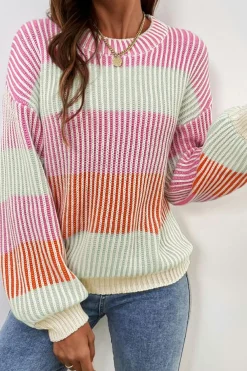Online Dear-Lover Colorblock Textured Knit Bubble Sleeve Sweater Pink