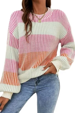 Online Dear-Lover Colorblock Textured Knit Bubble Sleeve Sweater Pink