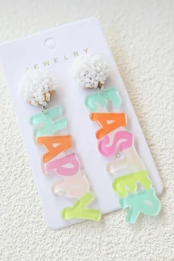 Clearance Dear-Lover Colorful HAPPY EASTER Drop Earrings Pink