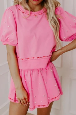 Sale Dear-Lover Contrast Bow Trim Pearl Puff Sleeve Blouse and Skort 2pcs Set Pink