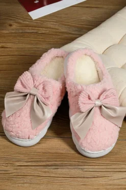 New Dear-Lover Contrast Bowknot Applique Plush Winter Slippers (Bow Colors May Differ by Batch) Pink
