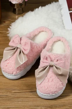 New Dear-Lover Contrast Bowknot Applique Plush Winter Slippers (Bow Colors May Differ by Batch) Pink