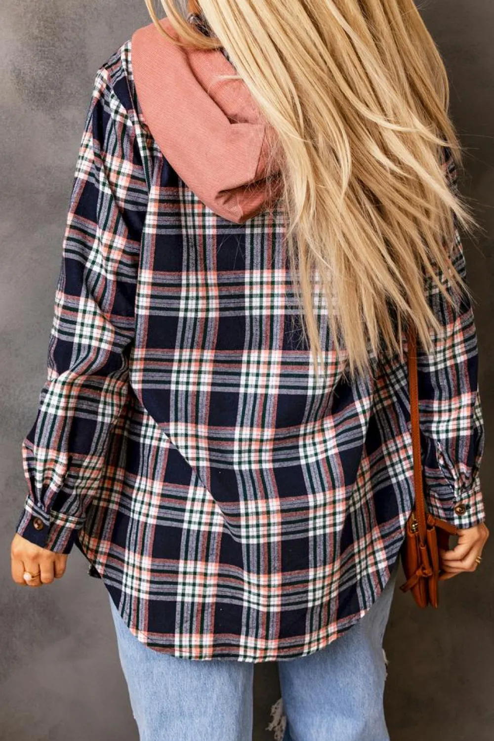 Fashion Dear-Lover Contrast Hooded Drawstring Plaid Shacket Pink