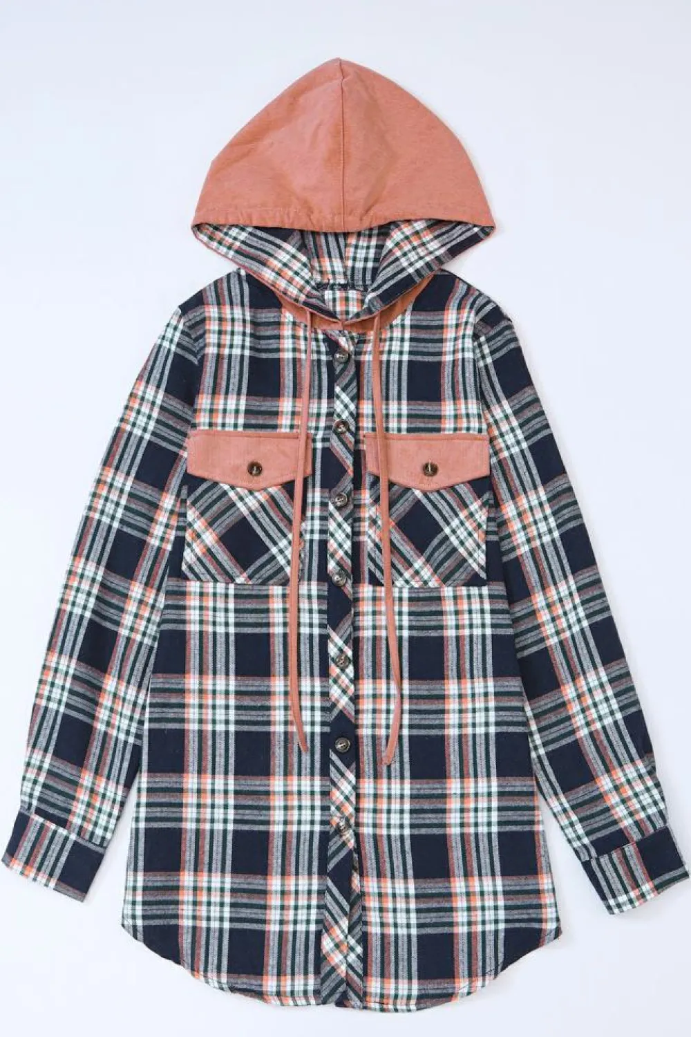 Fashion Dear-Lover Contrast Hooded Drawstring Plaid Shacket Pink
