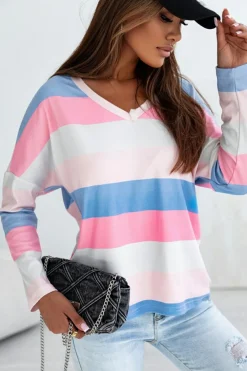 Online Dear-Lover Contrast Striped V Neck Long Sleeve Top Pink