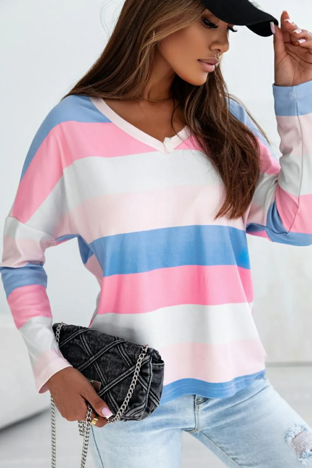 Online Dear-Lover Contrast Striped V Neck Long Sleeve Top Pink