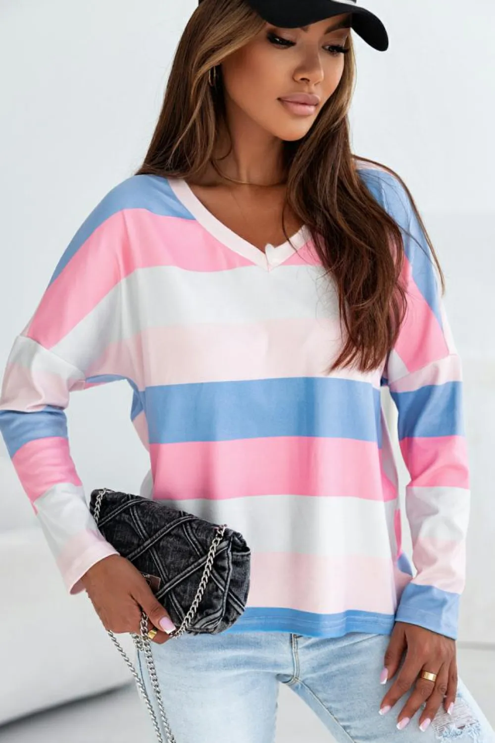 Online Dear-Lover Contrast Striped V Neck Long Sleeve Top Pink