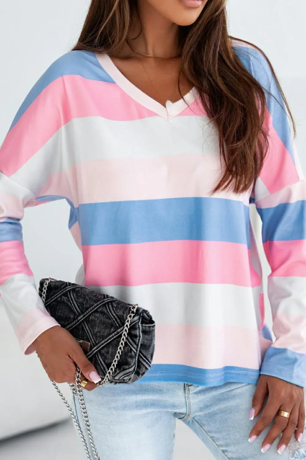 Online Dear-Lover Contrast Striped V Neck Long Sleeve Top Pink