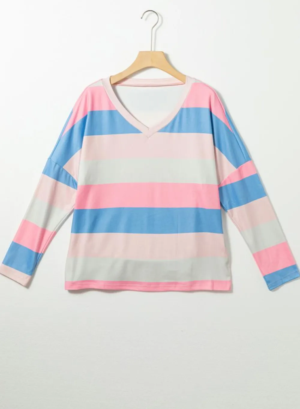 Online Dear-Lover Contrast Striped V Neck Long Sleeve Top Pink
