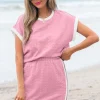 New Dear-Lover Contrast Trim Textured Crewneck Tee and Pocketed Skirt Set Pink