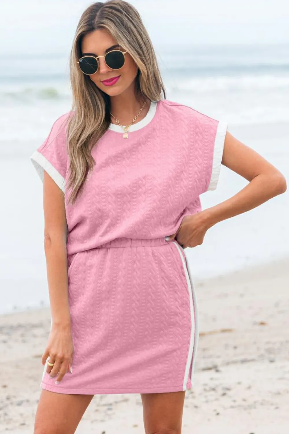 New Dear-Lover Contrast Trim Textured Crewneck Tee and Pocketed Skirt Set Pink