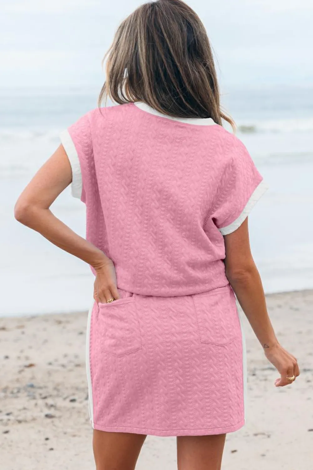 New Dear-Lover Contrast Trim Textured Crewneck Tee and Pocketed Skirt Set Pink
